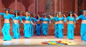 Bellydance skirt and top in turquoise, custom-designed by Dhyanis